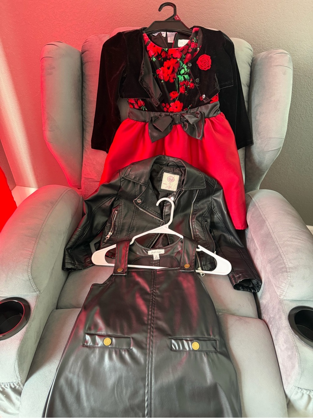 Girls Red Floral Dress with Black Velvet Bolero - Unbranded